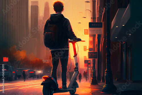 Junger Mann fährt mit einem E-Scooter im Sonnenuntergang durch die Stadt - Generative Ai  photo
