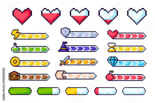 Pixel game progress bars. Vector GUI progress bar elements for build 2D games. Gaming experience infographic, 8-bit indicators of health, stamina, money, energy, weapon, protection, magic.