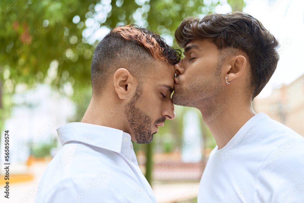 Two hispanic men couple standing together kissing at park Two hispanic men couple standing together kissing at park