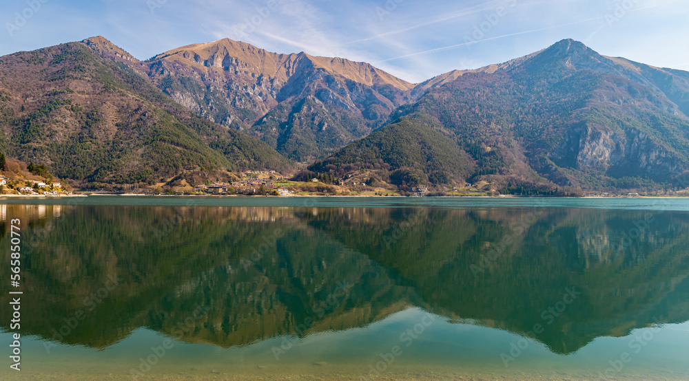 Naklejka premium Ledro Lake in Ledro valley. Spring landscape. Trento province, Trentino Alto-Adige, Italy, Europe