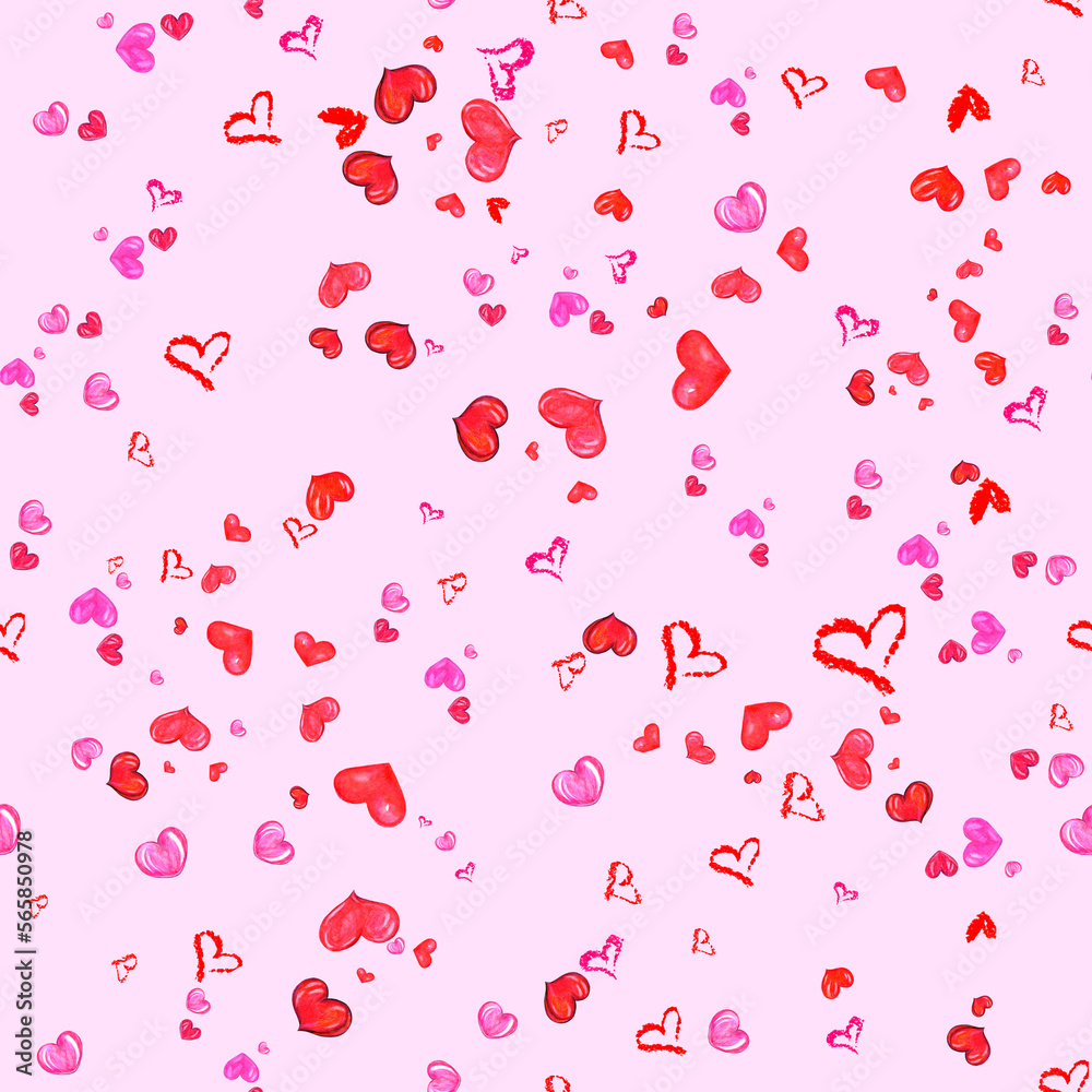 Seamless Heart Pattern On Pink Background. Hand Drawn Illustration.