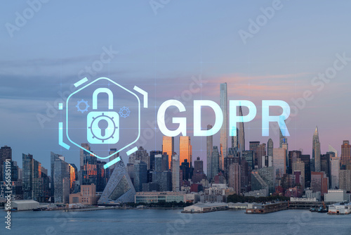 New York City skyline from New Jersey over Hudson River, Midtown Manhattan skyscrapers at sunset, USA. GDPR hologram, concept of data protection, regulation and privacy for all individuals