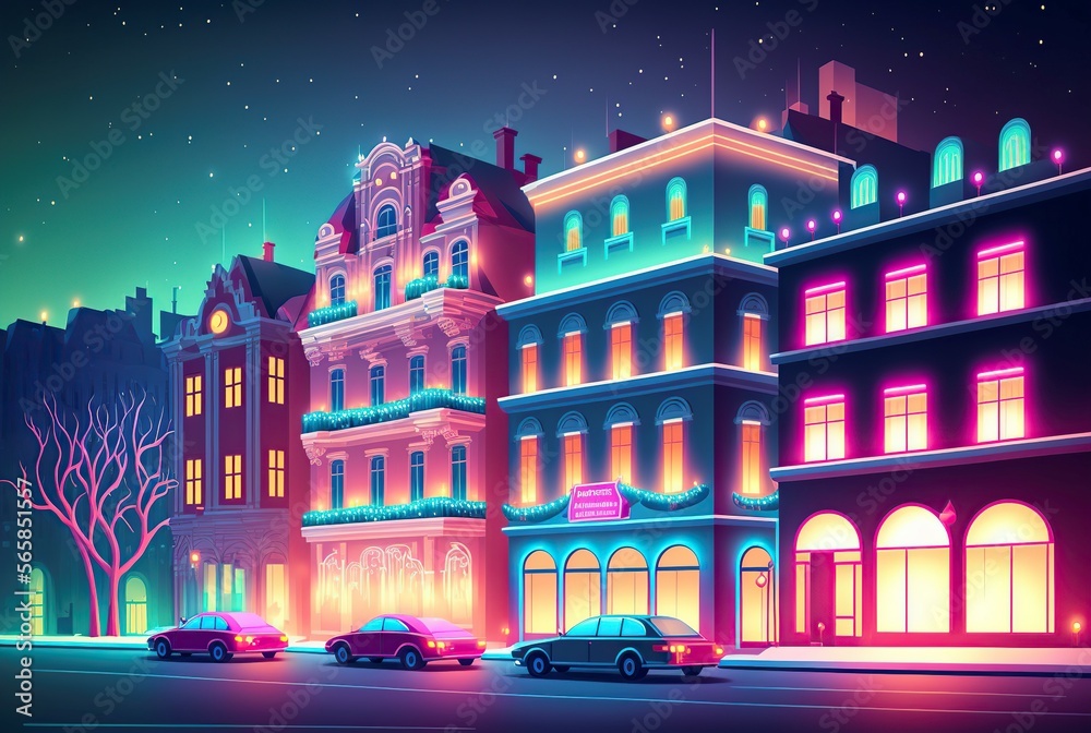 cartoon illustration, city streets at night, illuminated with neon lights, generative AI