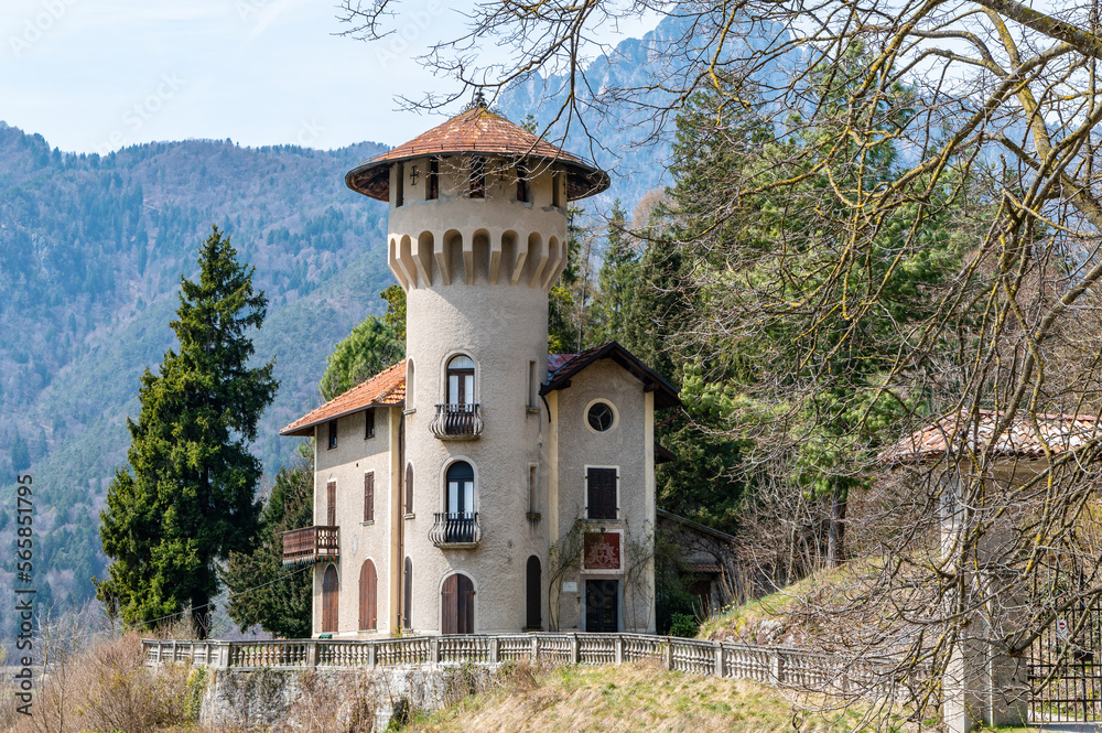 The Villa Dianella is 'the castle', historic home from the 900, in a privileged position overlooking the lake of Ledro - Mezzolago, Trento, Trentino Alto Adige, Italy - April 12, 2022