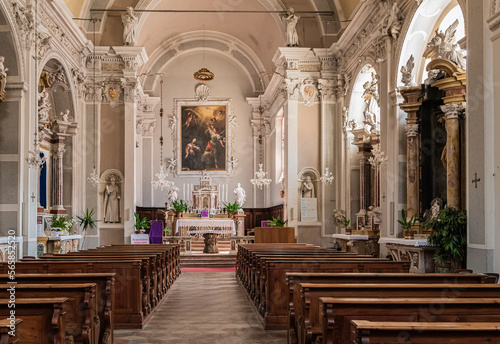 interior of the Church of  the Annunciation  XIII century   is located in the center of the hamlet of Pieve di Ledro  Ledro Valley Trento province  Trentino Alto Adige  northern Italy  Europe 