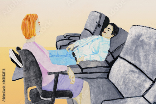 Eine Psychotherapeutin sitzt auf einem Stuhl und redet mit einem Patienten, der auf einer Couch liegt. Vektor einer Psychotherapie Sitzung.