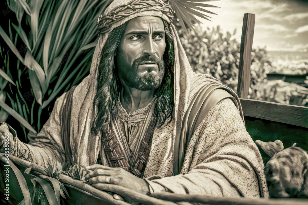 Obraz premium Palmsonntag Jesus der Messias Prozession durch Jerusalem Digital Art Abstrakte Illustration Generative AI Hintergrund Background Cover