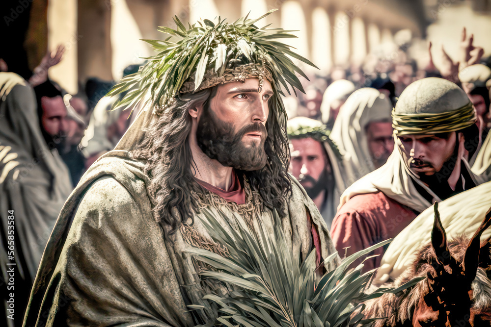 Palmsonntag Jesus der Messias Prozession durch Jerusalem Digital Art Abstrakte Illustration Generative AI Hintergrund Background Cover
