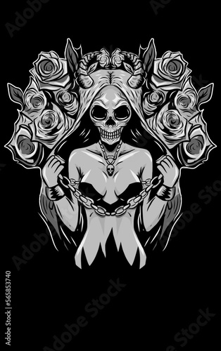 skull girl with chain in hand and rose background tattoo design