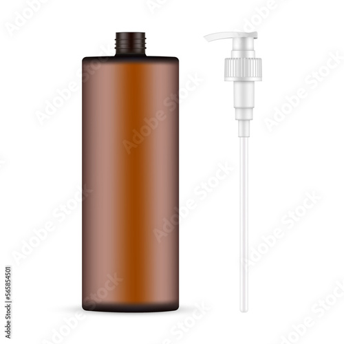 Amber Bottle With Pump Screw Cap, Isolated on White Background. Vector Illustration