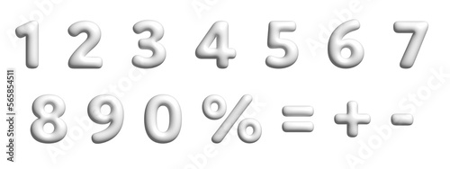 White Numbers with Signs Percent, Plus, Minus, Equality, Isolated. 3D Illustration of Plastic Font