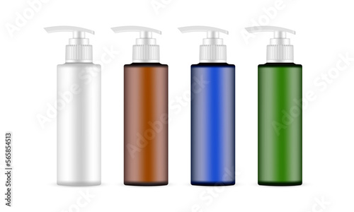 Plastic Pump Bottles, White, Amber, Blue, Green, Isolated in White Background. Vector Illustration