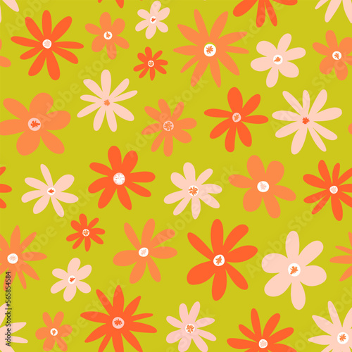 Cute retro floral seamless repeat pattern. Vintage  vector calico flower heads all over surface print on lime green background.