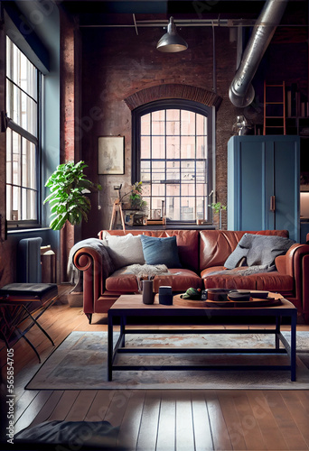 Living room interior in loft industrial style. Generative AI © karunyapas