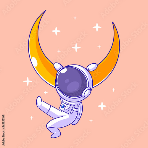 The astronaut is hanging from the moon with his hands
