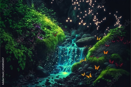 Fairy forest at night  fantasy glowing flowers and lights. Generative AI