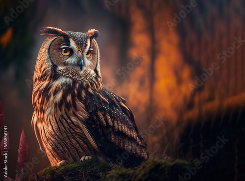 A close-up zoomed off a Beautiful owl portrait with a blurred forest background with empty copy space generative ai