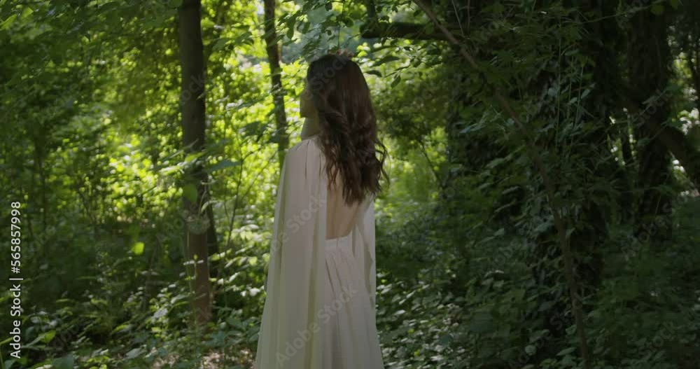 Woman with wreath of flowers stands in the garden Woman with wreath of flowers stands in the garden
