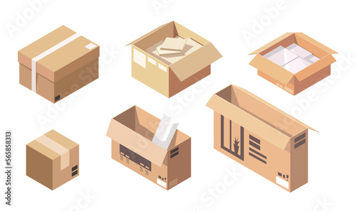 Set of cardboard box 3d isometric mockups. Open and closed carton boxes isolated on white background. Packaging box images. Different types of brown pack for household appliances. Vector illustration