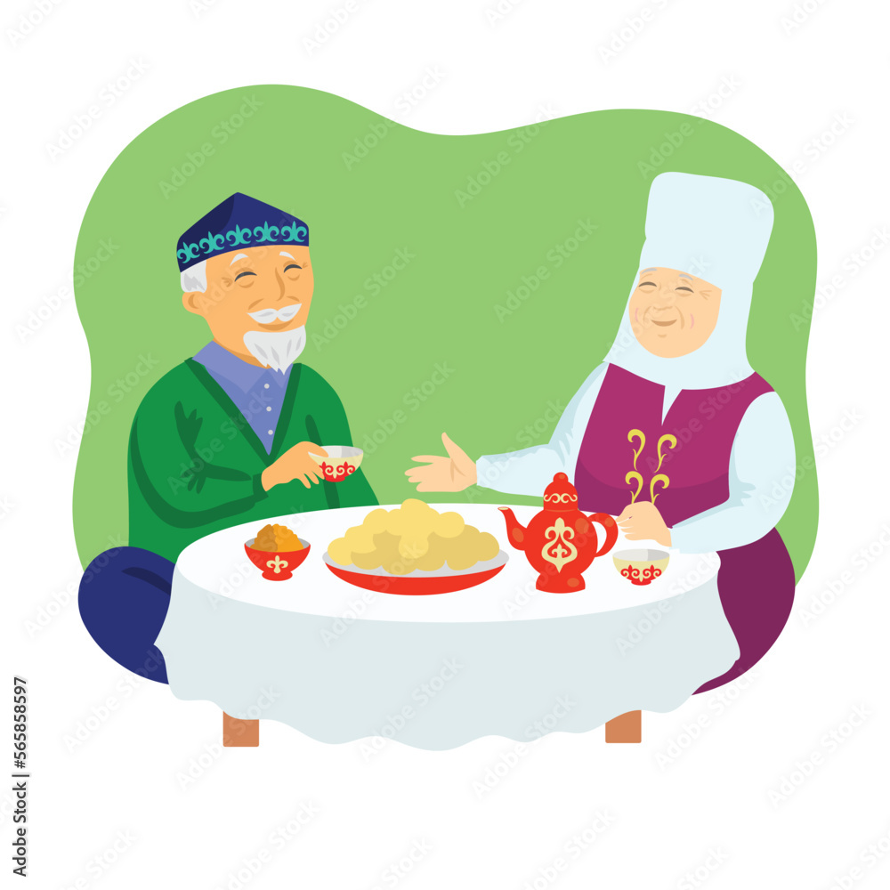 Kazakh old man and old woman drink tea Kazakh old man and old woman drink tea