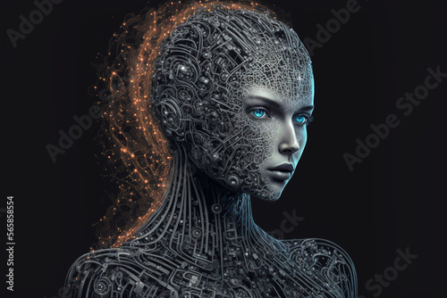 AI, Machine learning, Head of a humanoid robot on black background, Science and artificial intelligence technology, innovation and futuristic. Generative AI