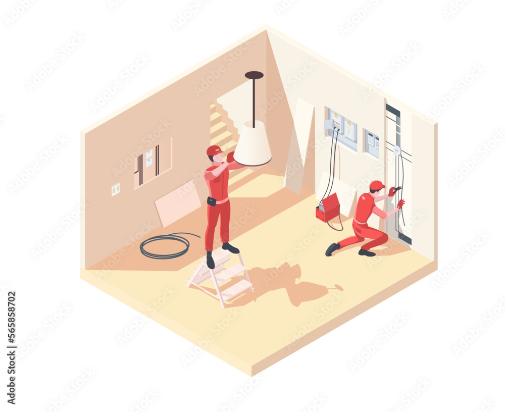 Room renovation concept with professional electrician installing chandelier  lamp. Repair person fixing home electrical wiring. Electricity repair  service poster isometric 3d view. Vector illustration Stock-Vektorgrafik |  Adobe Stock