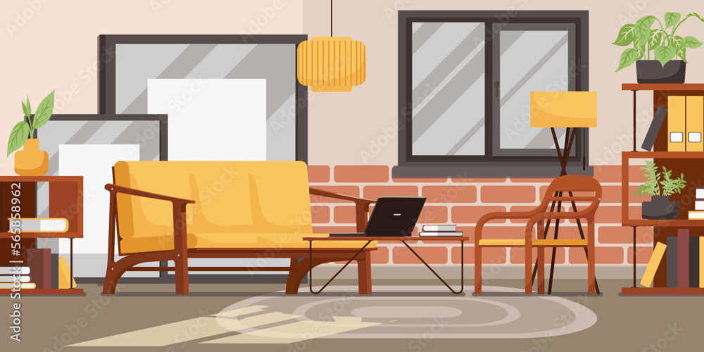 Lounge room interior banner. Modern cozy apartment style with furniture, sofa, armchair and floor plant, lamp near bookshelf. Yellow color design in comfortable hotel room. Flat Vector illustration Lounge room interior banner. Modern cozy apartment style with furniture, sofa, armchair and floor plant, lamp near bookshelf. Yellow color design in comfortable hotel room. Flat Vector illustration