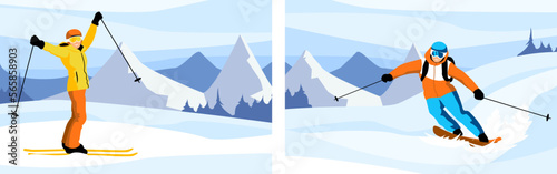 Set of skiers in snowy mountains. Winter sports activities on skis in country cross. Ski resort landscape with Alps rocks on background. Man and woman healthy and sporty lifestyle. Vector illustration