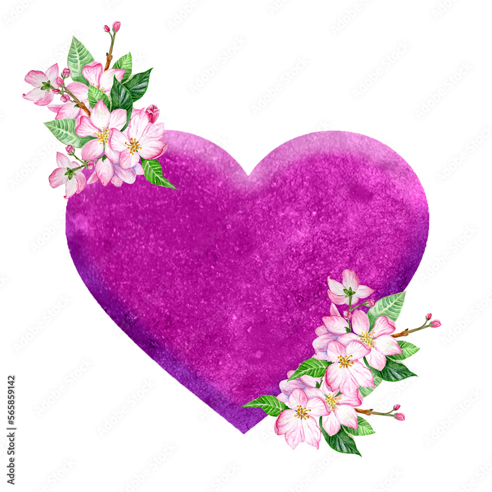 Purple Heart With An Apple Blossom Hand Drawn Illustration. Purple Heart With An Apple Blossom Hand Drawn Illustration.