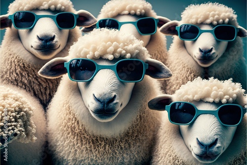 Huge flock of cool sheep wearing sunglasses (AI generated)