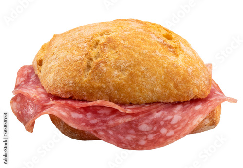 Sandwich with salami sausage , durum wheat semolina bread with salami slices, cut out photo