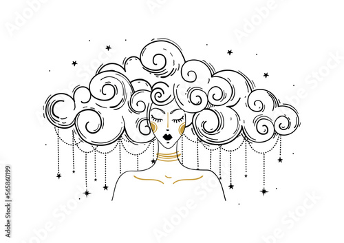 Astrology female character, witch line tattoo, sacred femininity, zodiac sign. Mystical girl with cloudy hair. Modern vector illustration isolated on white background.