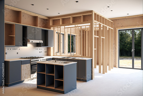 Small kitchen under construction in a new house, Generative AI