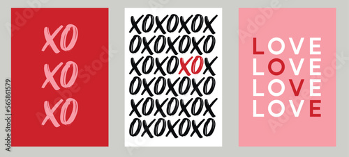 Love and XOXO - Valentine's day concept posters. Vector illustrations. Happy Valentines Day greeting cards