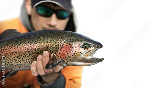 Fototapeta Naklejka Na Ścianę i Meble -  PNG transparent Fishing background. Fisherman and trophy Rainbow Trout.	