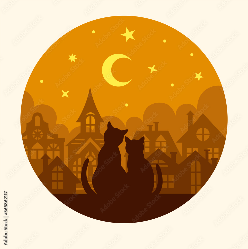 Valentines day scene with cats in love on the roof and town. Holiday design, poster or print. Vector concept with night city.