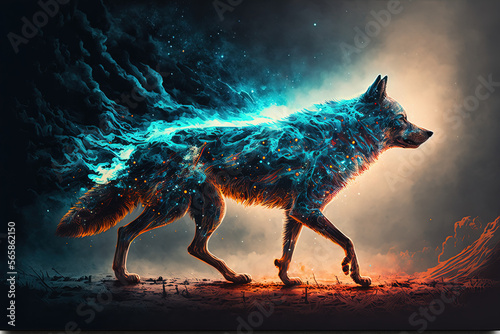 Cosmic wolf, walking in space. Generative AI. © ART IS AN EXPLOSION.