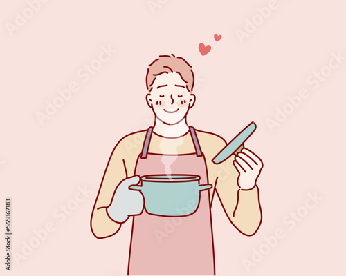 man in kitchen gloves opening pot smelling food. Hand drawn style vector design illustrations.