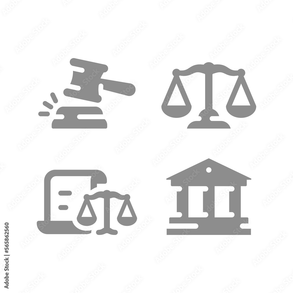 Law and legal or court filled icon set. Courthouse, justice scales and hammer fill icons. Law and legal or court filled icon set. Courthouse, justice scales and hammer fill icons.