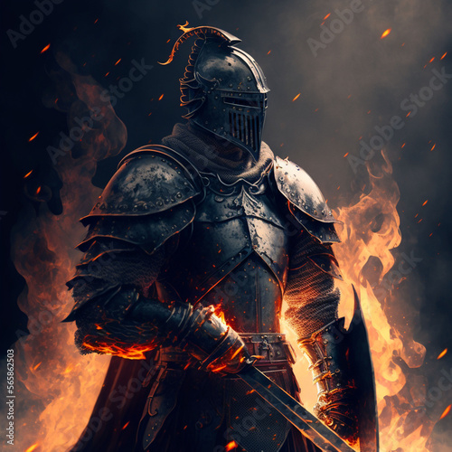 Knight with sword and black armor in fire background