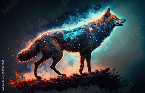 Cosmic wolf, walking in space. Generative AI. © ART IS AN EXPLOSION.