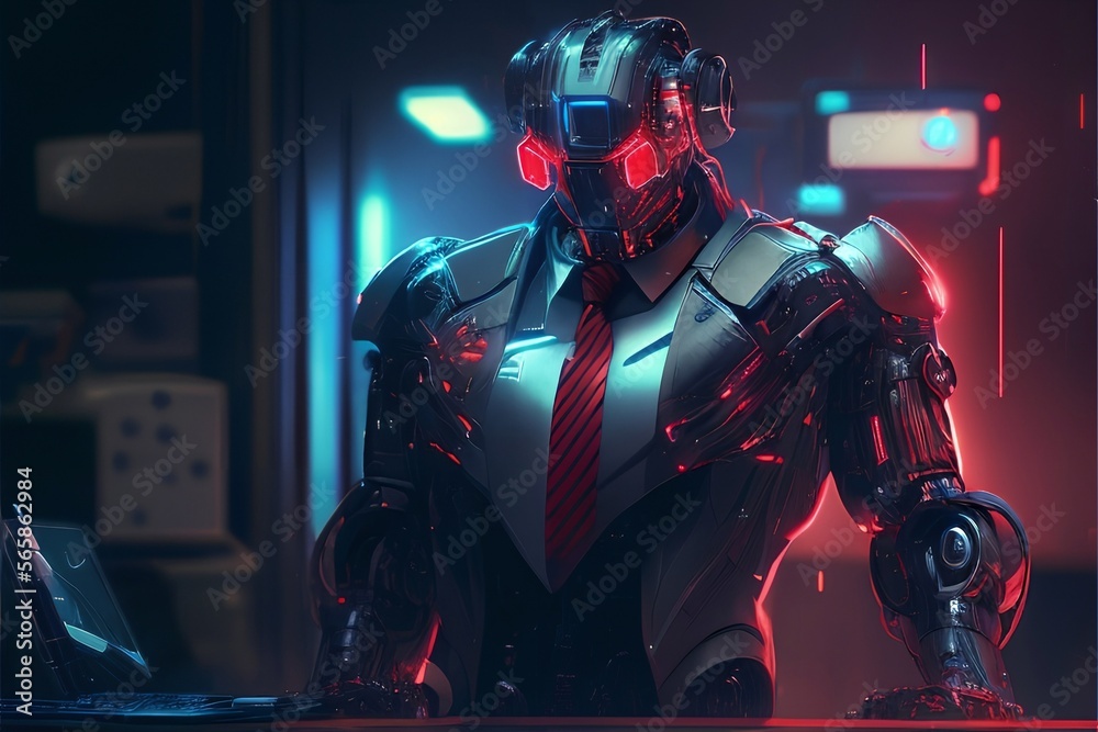 An anthropomorphic robot in a suit with a tie in the office at the workplace An anthropomorphic robot in a suit with a tie in the office at the workplace