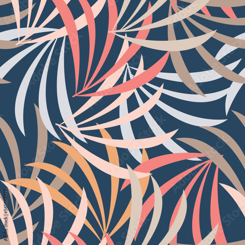 Bright abstract leaves seamless pattern vector. Jungle branches floral backdrop. Botanical illustration. Tropical plants wallpaper, background, fabric, textile, print, wrapping paper, package design.