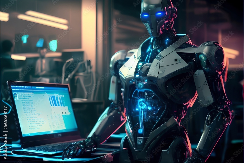 An anthropomorphic robot in office suit with laptop at the workplace An anthropomorphic robot in office suit with laptop at the workplace