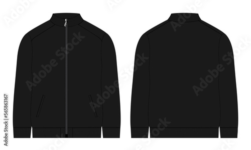 Long sleeve zipper with pocket tracksuits jacket sweatshirt technical fashion flat sketch vector illustration black color template front and back view.  photo