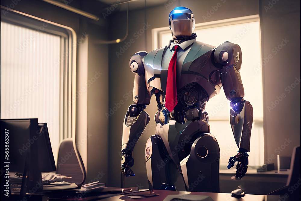 © AlexArty - An anthropomorphic robot in a suit with a tie in the office at the workplace