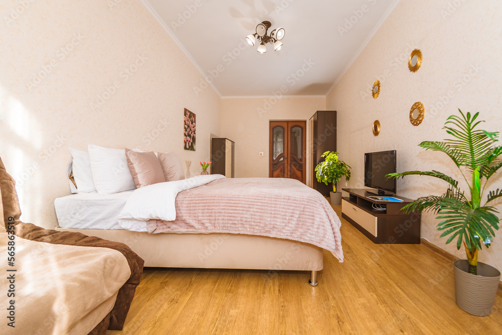 the general plan of a spacious bright and modern bedroom in an apartment with a wide double bed and air conditioning