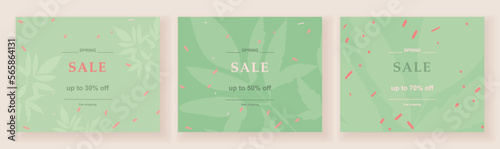 Set of web templates for spring sale. Vector illustration in pastel green colors with botanical and abstract elements.