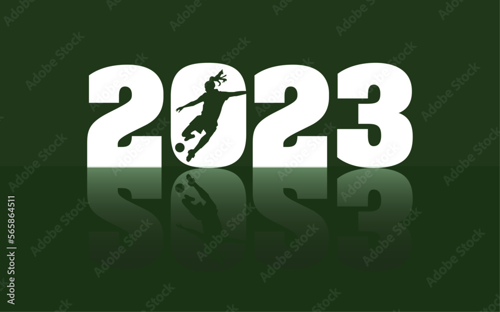 Fútbol femenino 2023 como gráfico vectorial. La imagen del símbolo muestra el año, una jugadora de fútbol femenino y una sombra. - obrazy, fototapety, plakaty 
