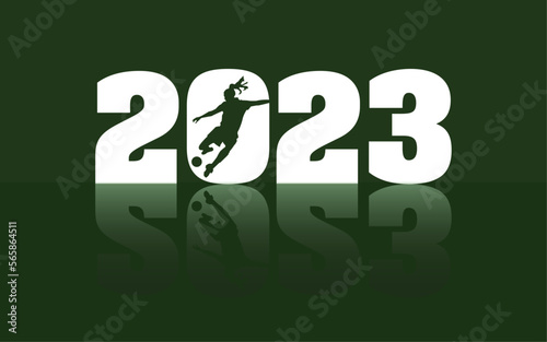 Fútbol femenino 2023 como gráfico vectorial. La imagen del símbolo muestra el año, una jugadora de fútbol femenino y una sombra. photo